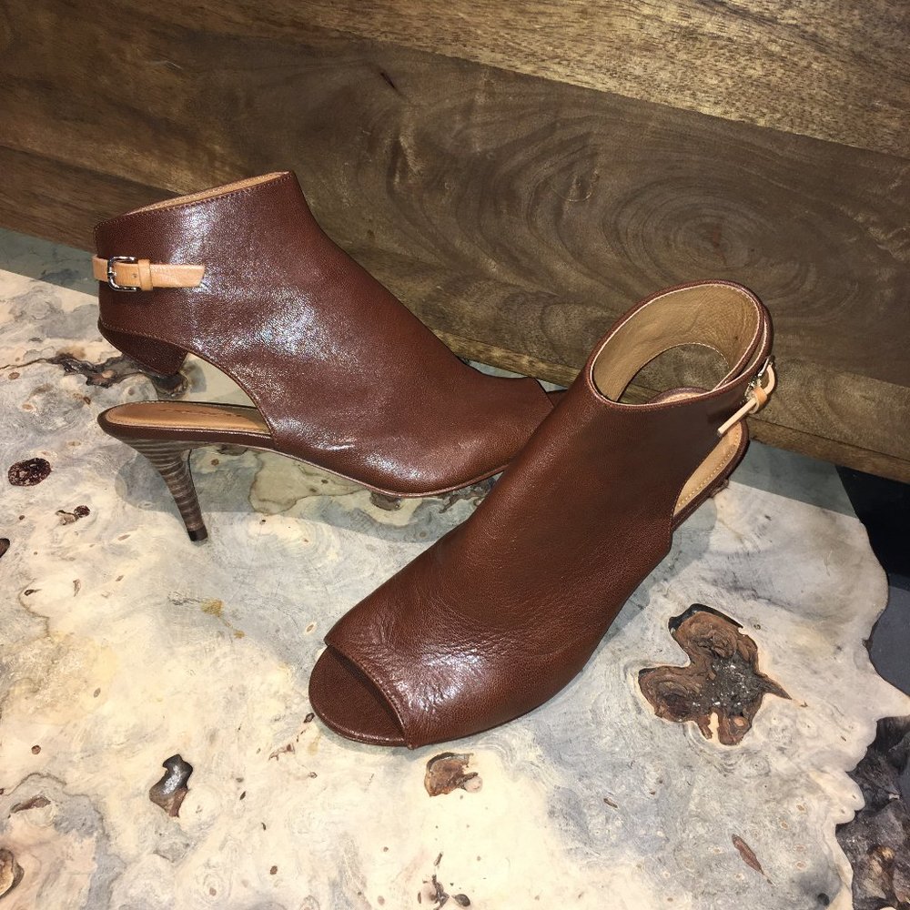 Coach "Milah" Open-Toe Slingback Kitten Heel Brown Leather Ankle Boots